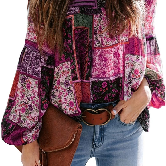 Bohemian style woman's patchwork Pull over top - Picture 4 of 6